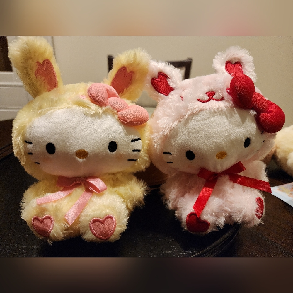 Sanrio Hello Kitty in Yellow and Pink Bunny Rabbit Bow & Heart Plushies